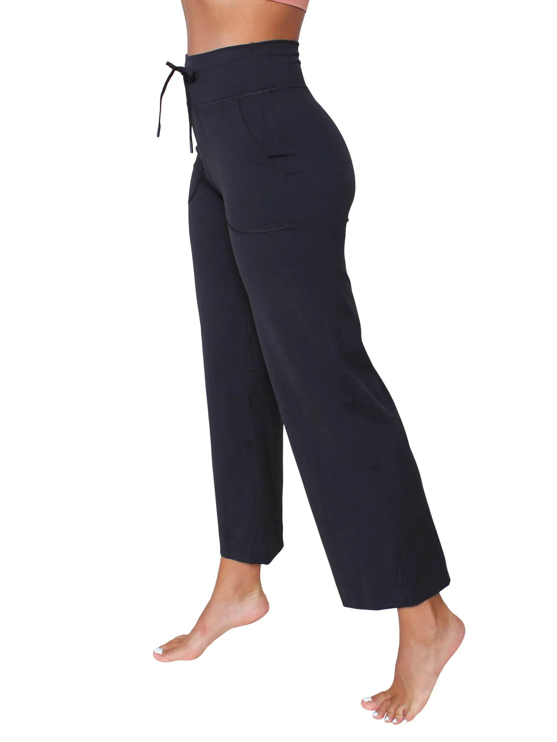 Wide leg drawstring yoga pants - black