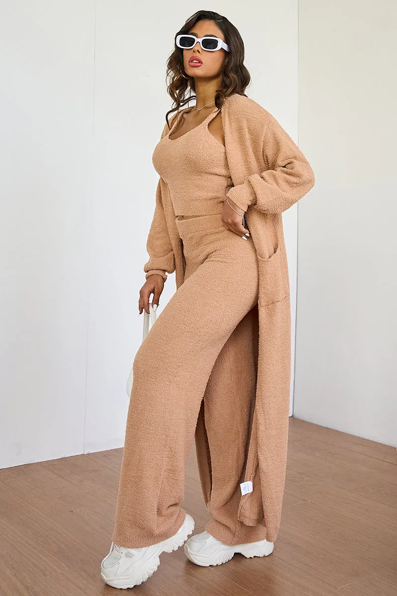 Women's Cozy Solid Color Fur Cropped Camisole & High Waist Loose Trousers With Long Cardigan Three-Piece Set