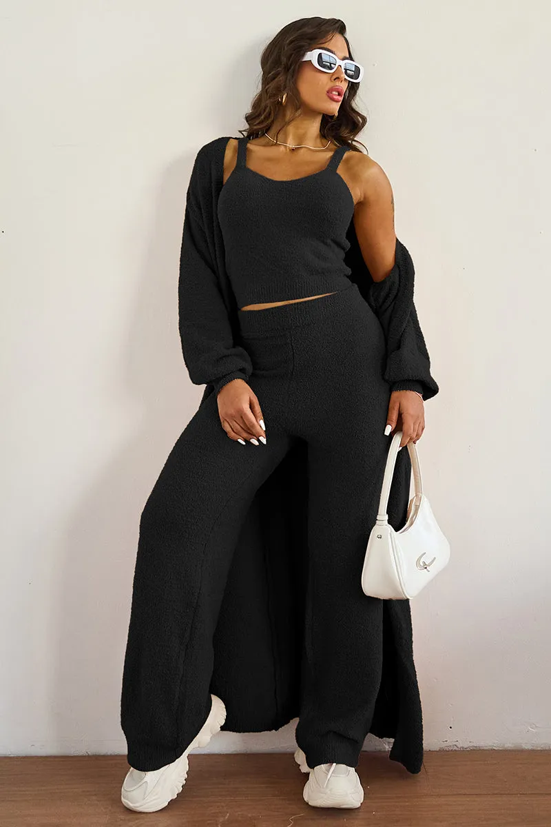 Women's Cozy Solid Color Fur Cropped Camisole & High Waist Loose Trousers With Long Cardigan Three-Piece Set
