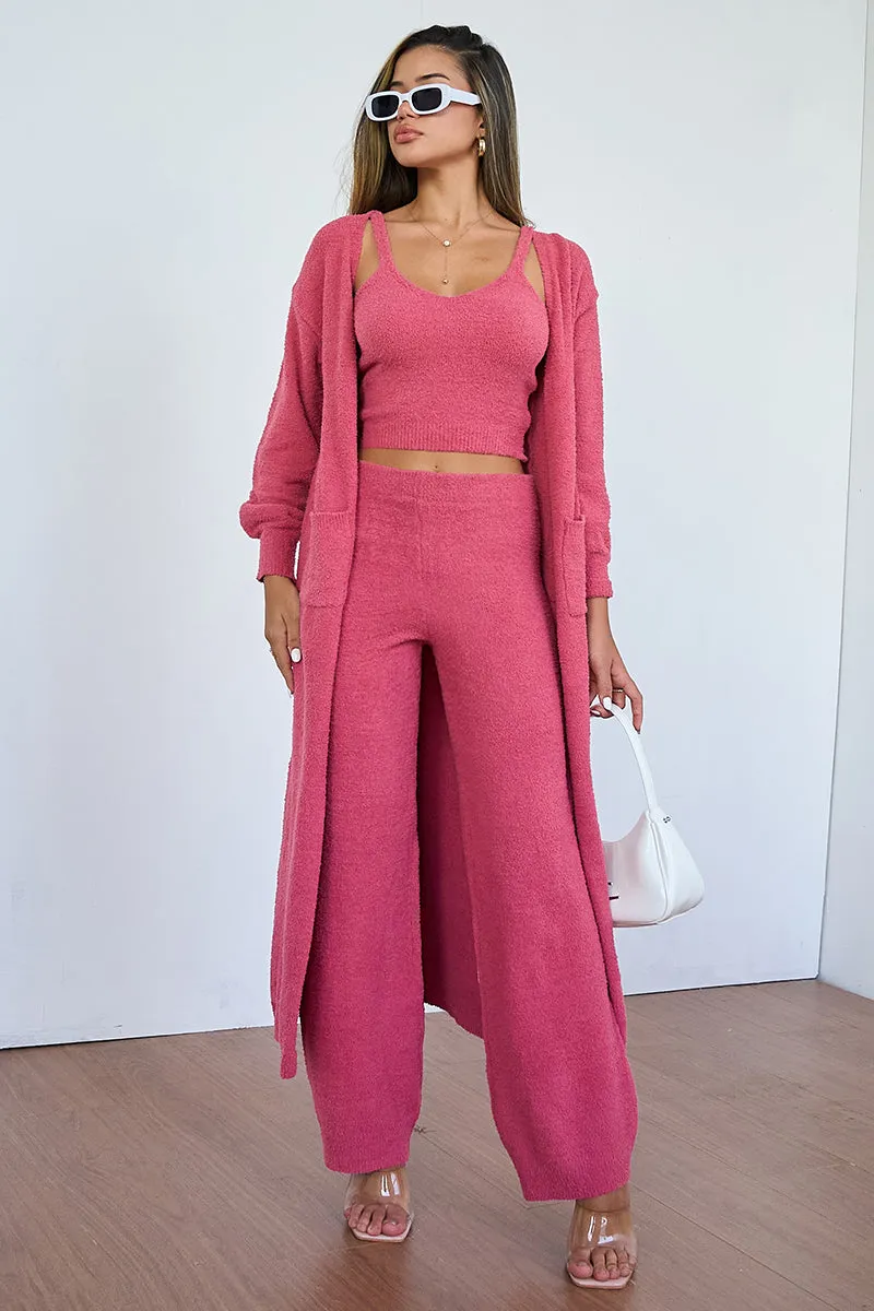 Women's Cozy Solid Color Fur Cropped Camisole & High Waist Loose Trousers With Long Cardigan Three-Piece Set