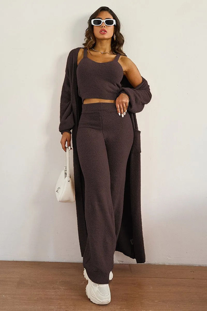 Women's Cozy Solid Color Fur Cropped Camisole & High Waist Loose Trousers With Long Cardigan Three-Piece Set
