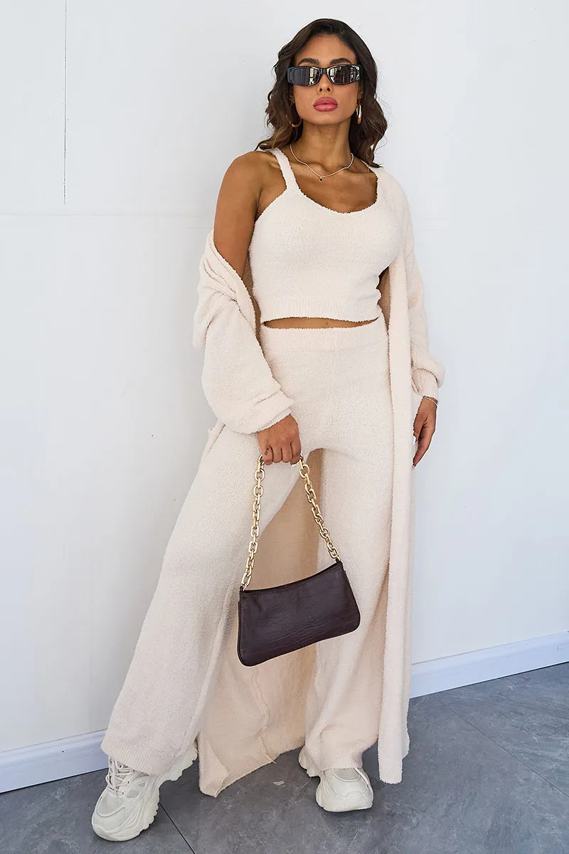 Women's Cozy Solid Color Fur Cropped Camisole & High Waist Loose Trousers With Long Cardigan Three-Piece Set