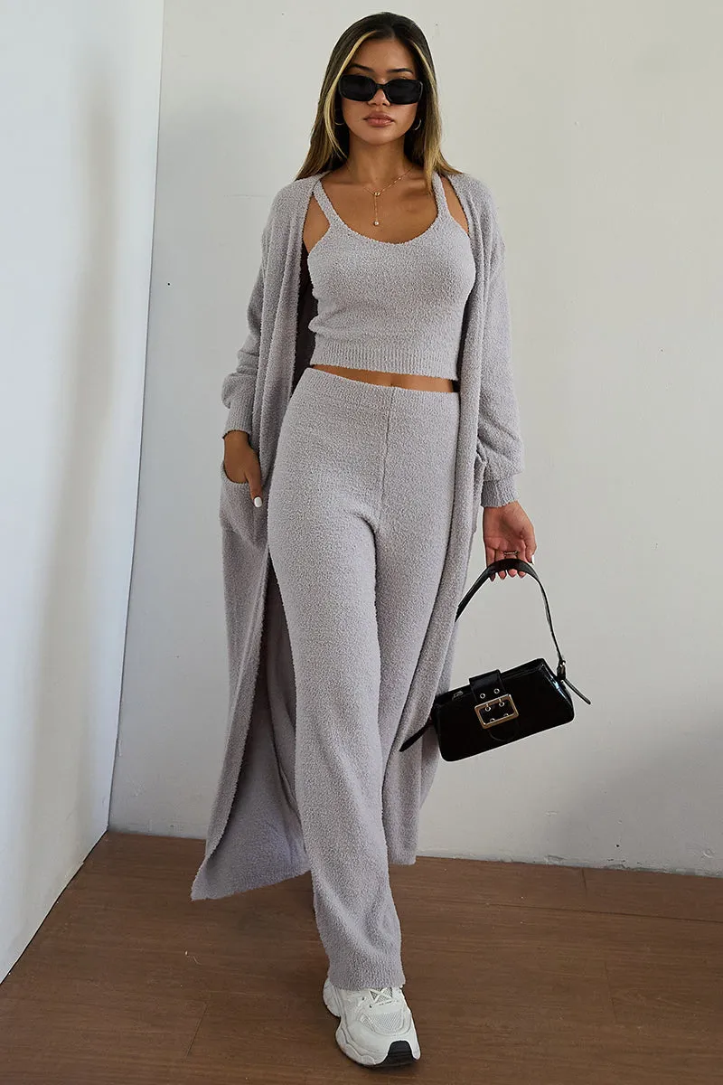 Women's Cozy Solid Color Fur Cropped Camisole & High Waist Loose Trousers With Long Cardigan Three-Piece Set