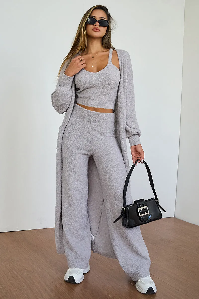 Women's Cozy Solid Color Fur Cropped Camisole & High Waist Loose Trousers With Long Cardigan Three-Piece Set