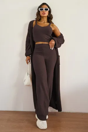 Women's Cozy Solid Color Fur Cropped Camisole & High Waist Loose Trousers With Long Cardigan Three-Piece Set