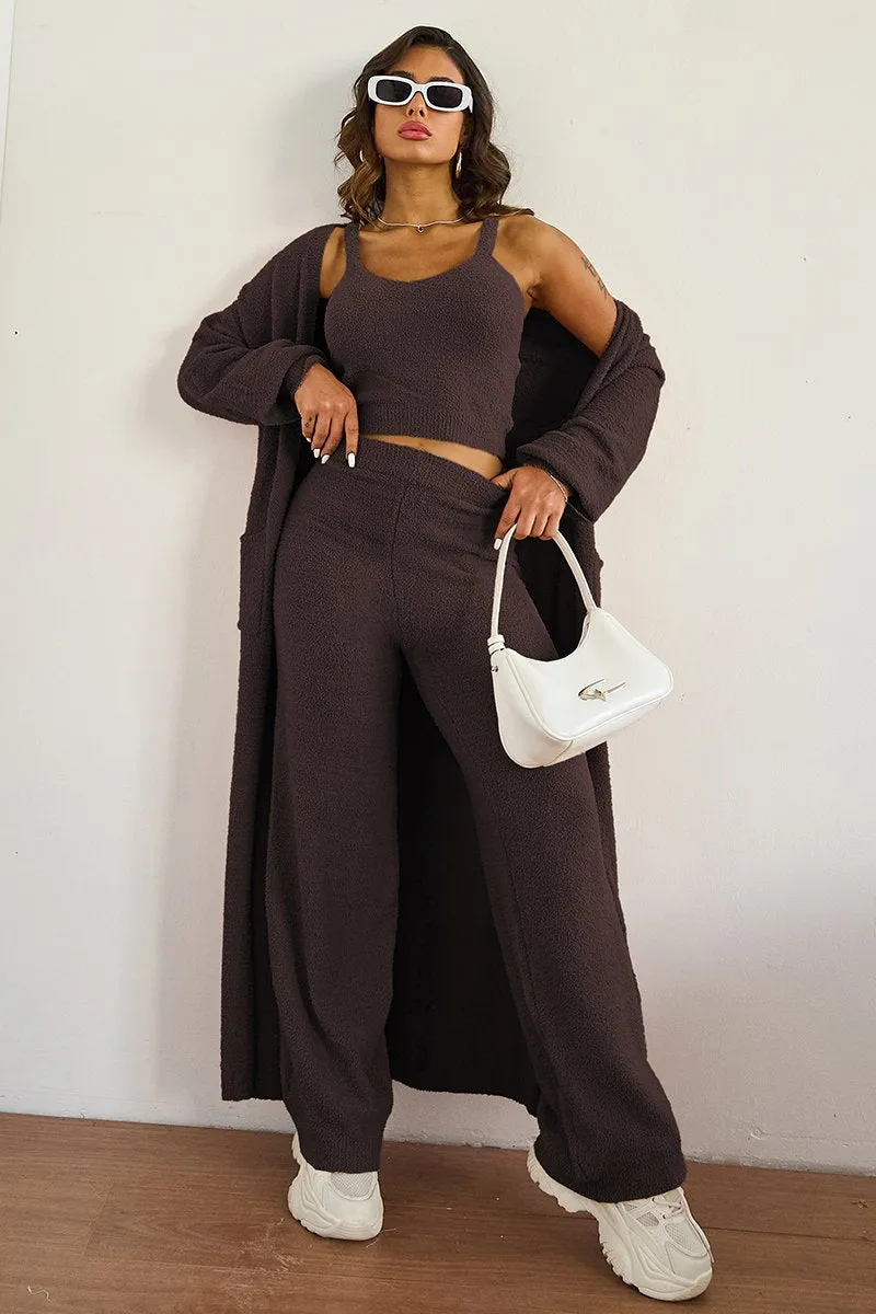 Women's Cozy Solid Color Fur Cropped Camisole & High Waist Loose Trousers With Long Cardigan Three-Piece Set