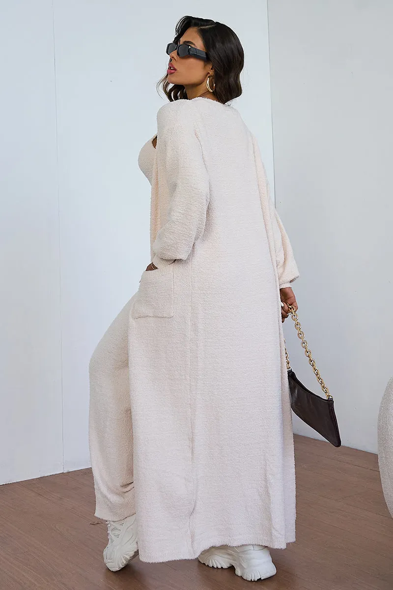 Women's Cozy Solid Color Fur Cropped Camisole & High Waist Loose Trousers With Long Cardigan Three-Piece Set