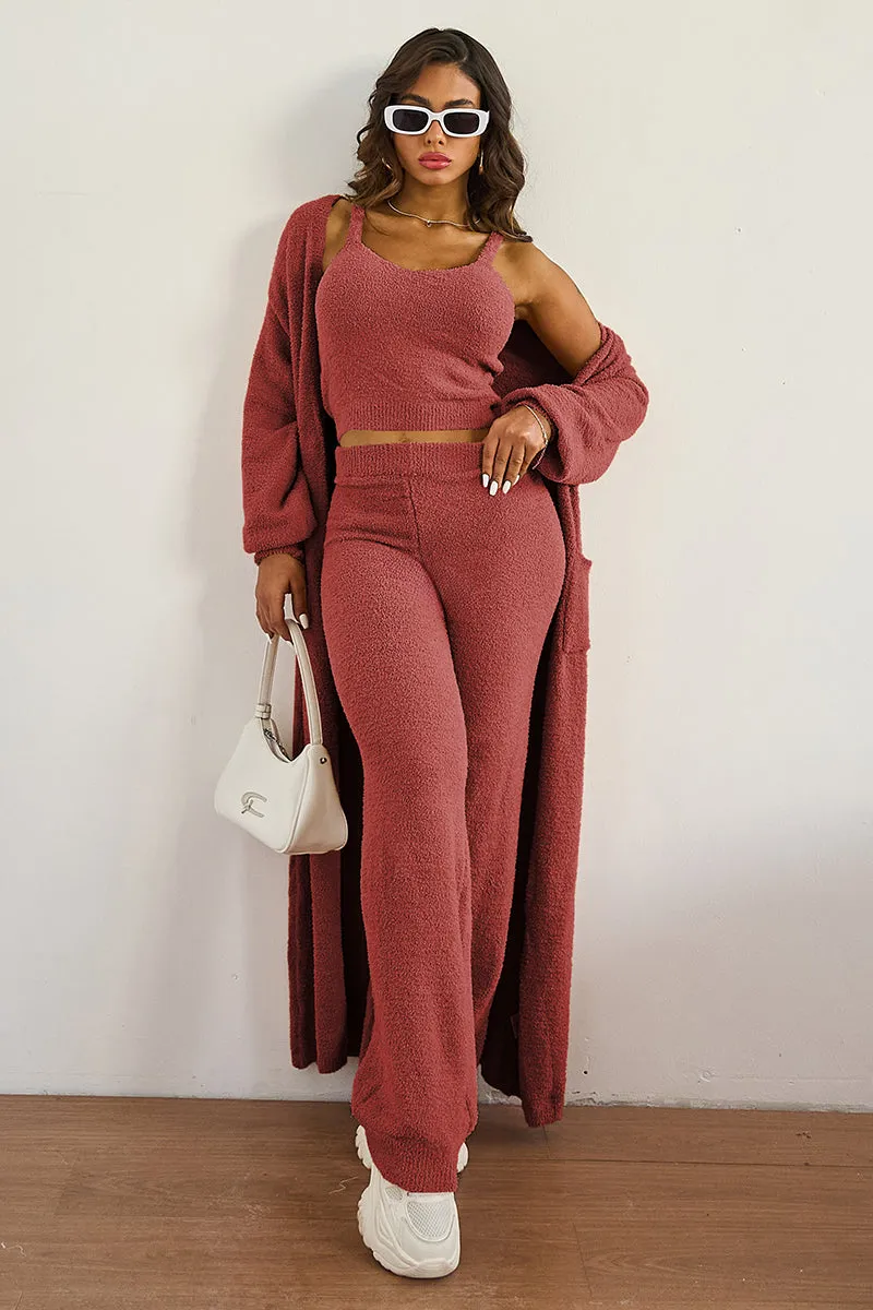 Women's Cozy Solid Color Fur Cropped Camisole & High Waist Loose Trousers With Long Cardigan Three-Piece Set