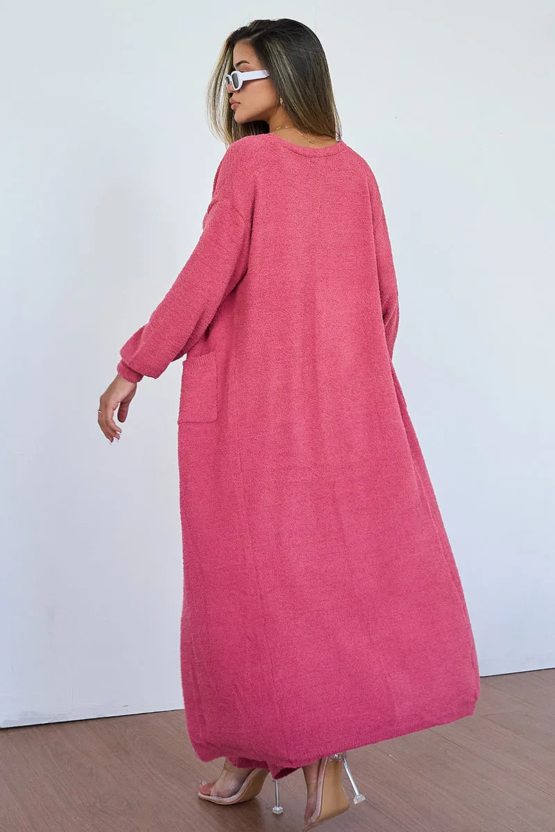 Women's Cozy Solid Color Fur Cropped Camisole & High Waist Loose Trousers With Long Cardigan Three-Piece Set