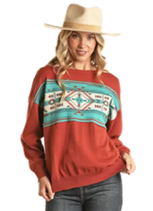 Women's Rock & Roll Denim Rust and Teal Aztec Slouchy Pullover