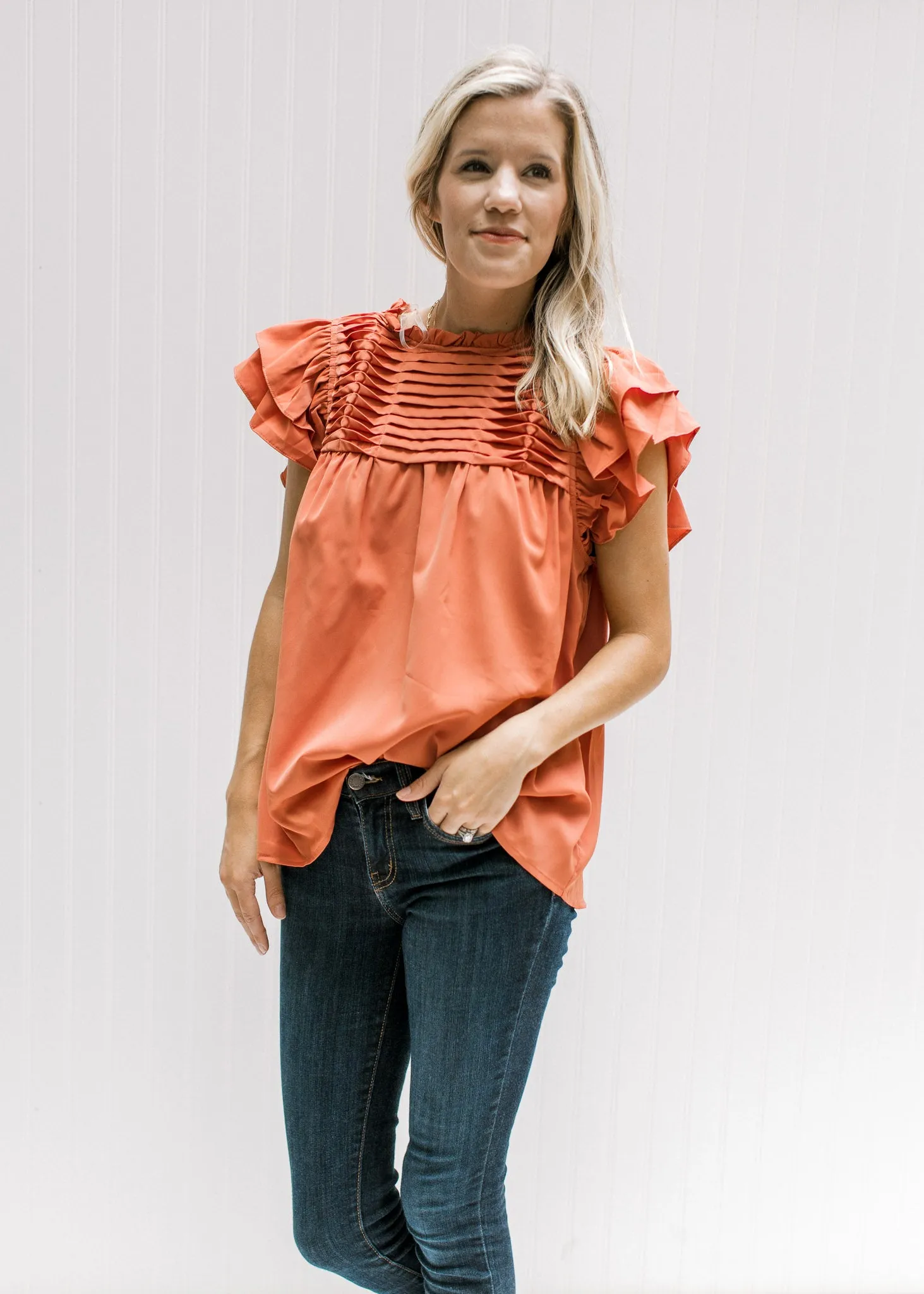 X Persimmon Twisted Pleat Top