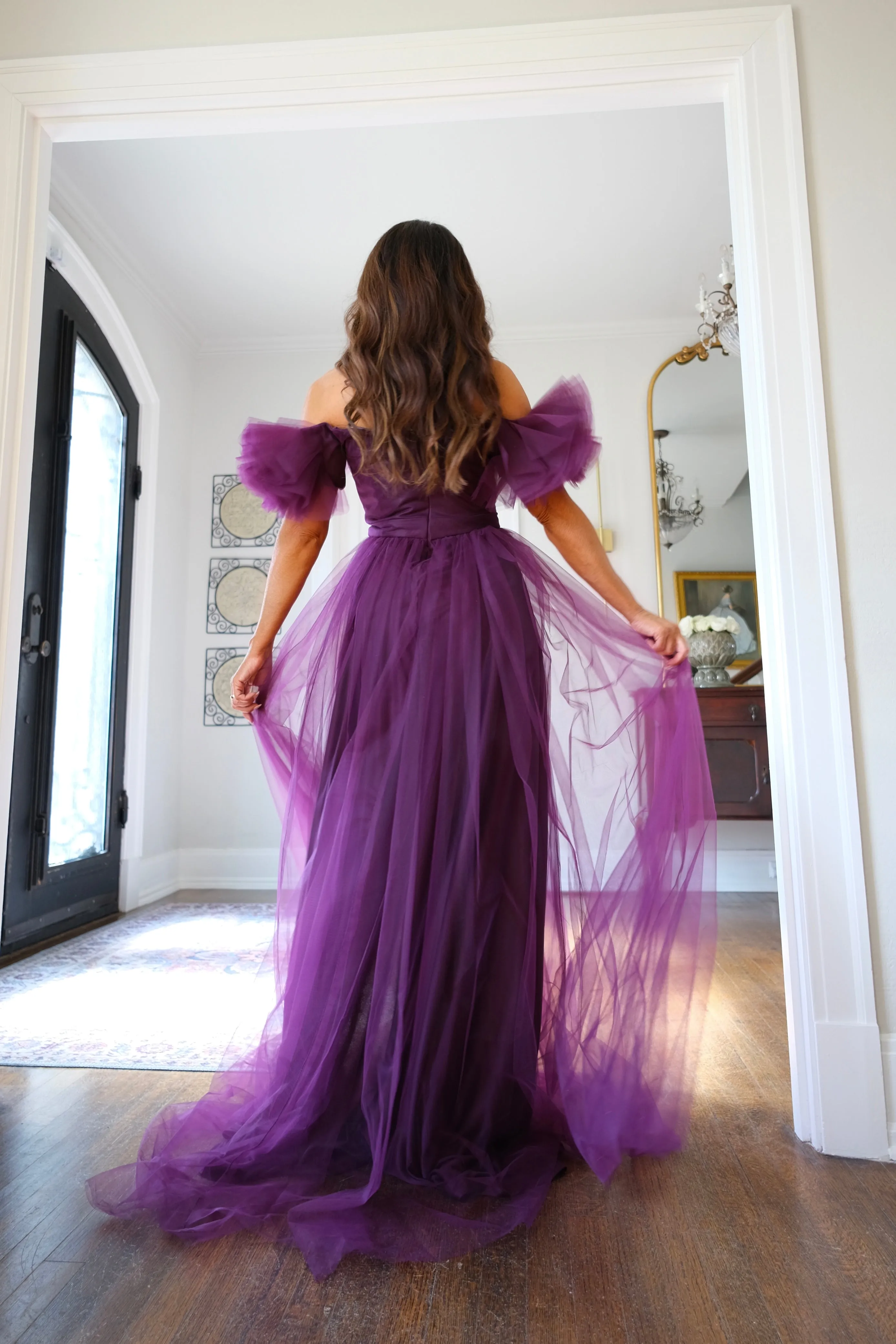Yasmine eggplant offshoulder layered tulle gown