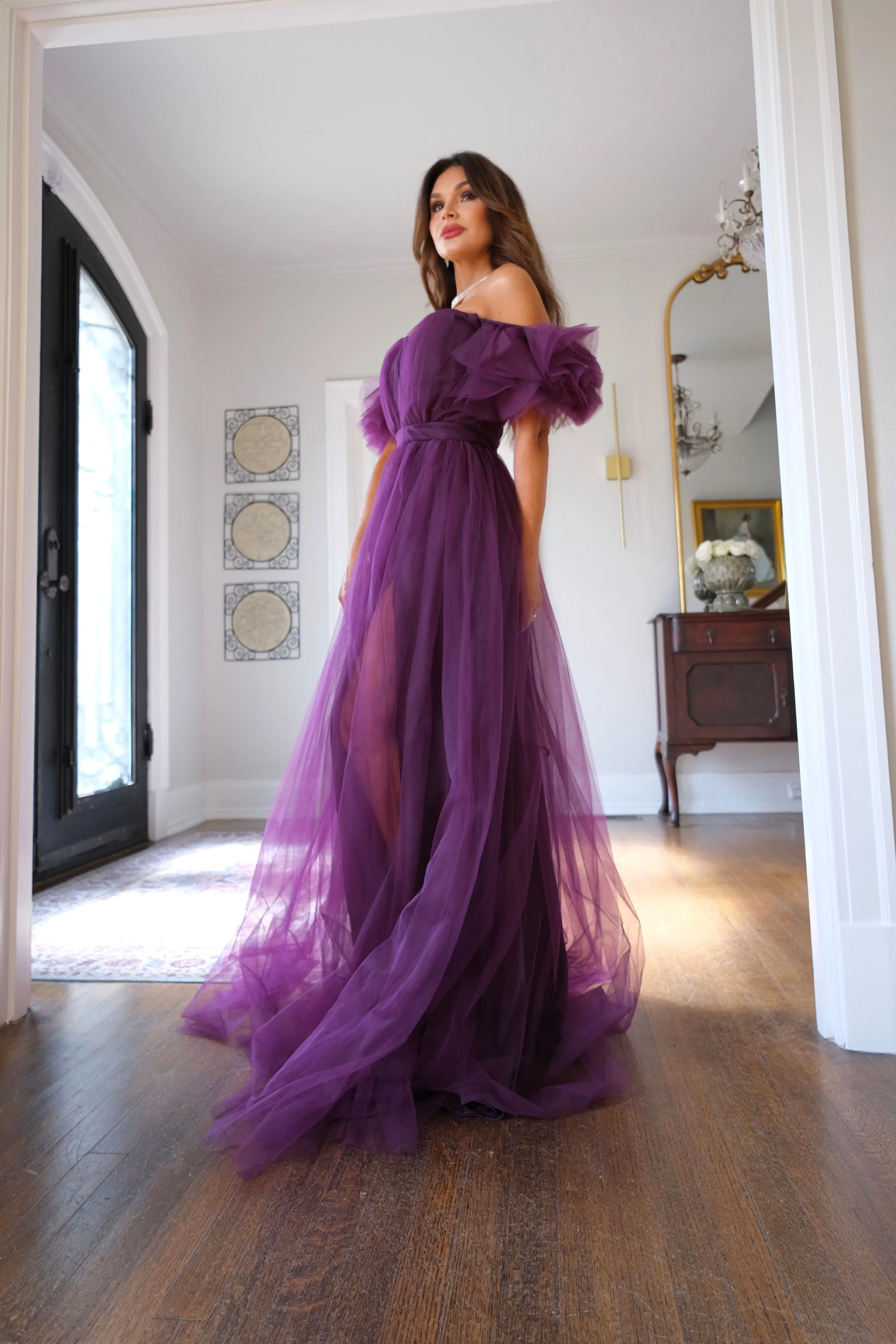 Yasmine eggplant offshoulder layered tulle gown
