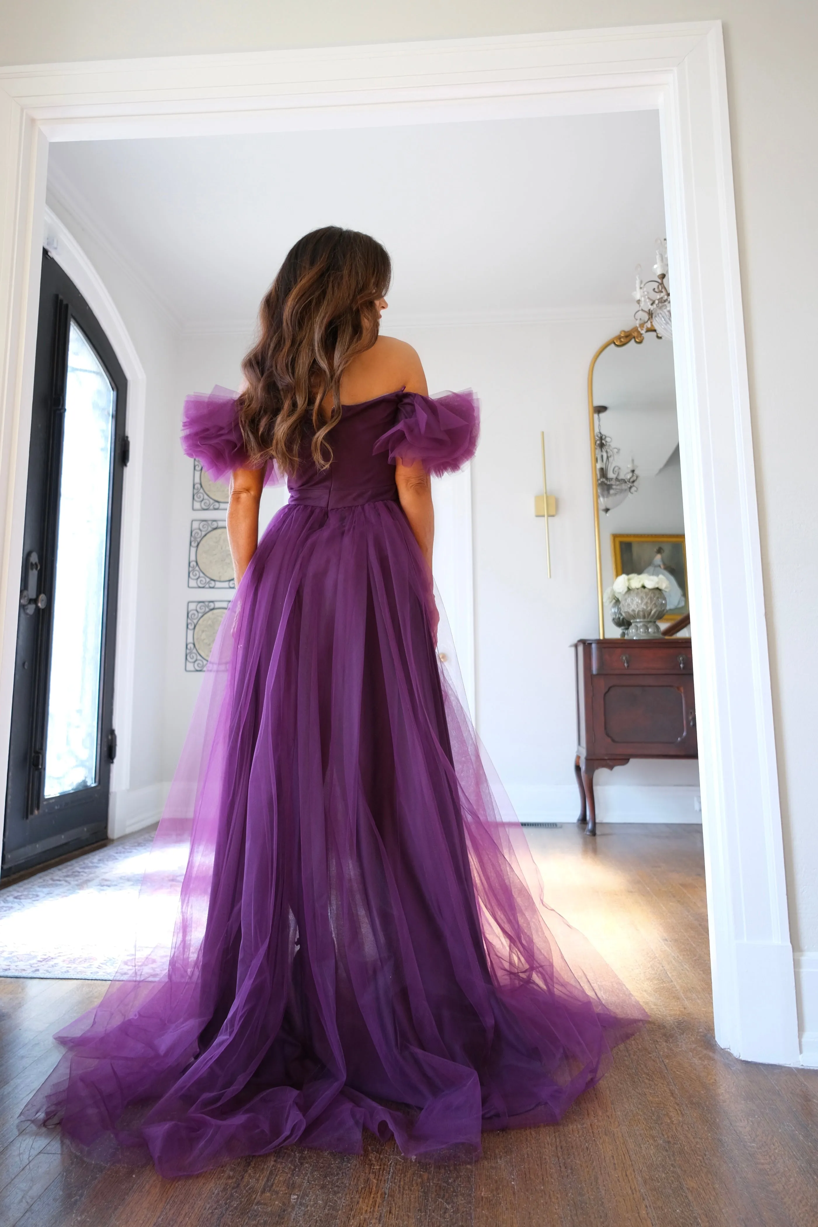 Yasmine eggplant offshoulder layered tulle gown