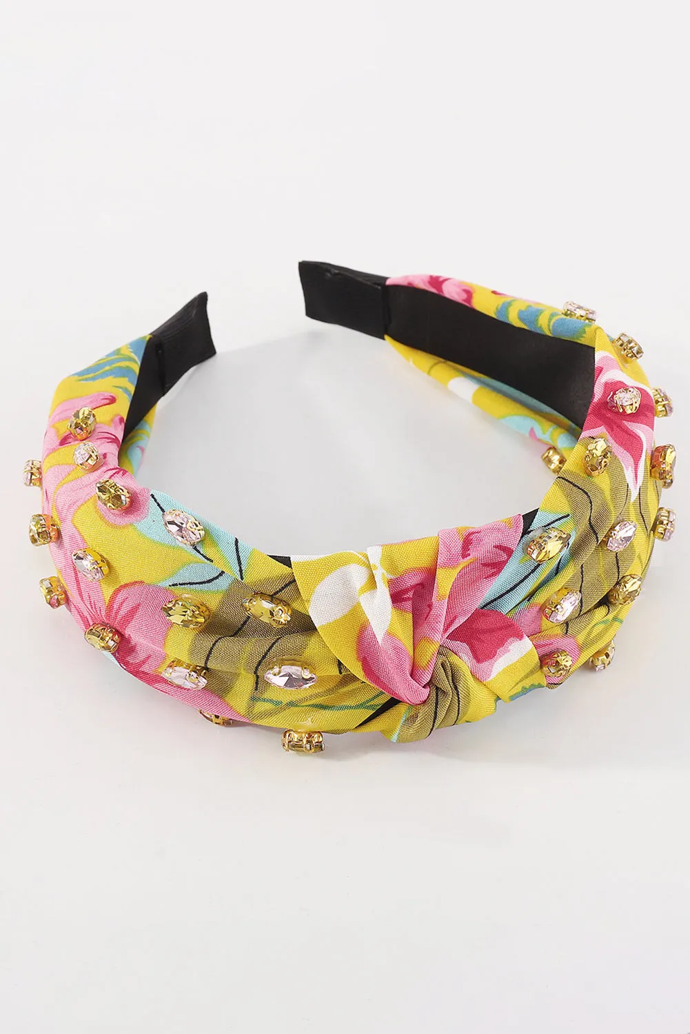 Yellow Rhinestone Floral Print Knotted Headband