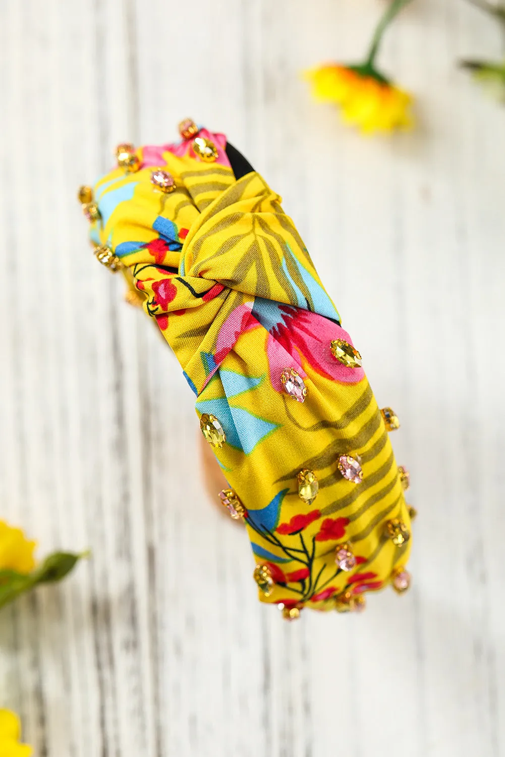 Yellow Rhinestone Floral Print Knotted Headband