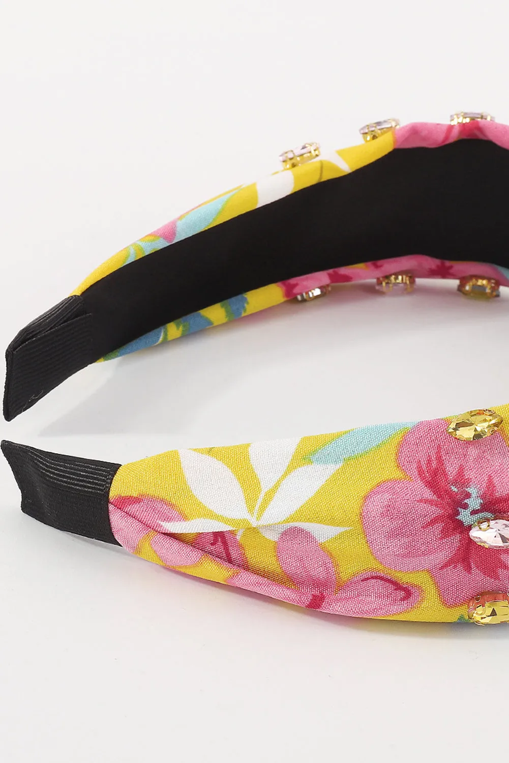 Yellow Rhinestone Floral Print Knotted Headband