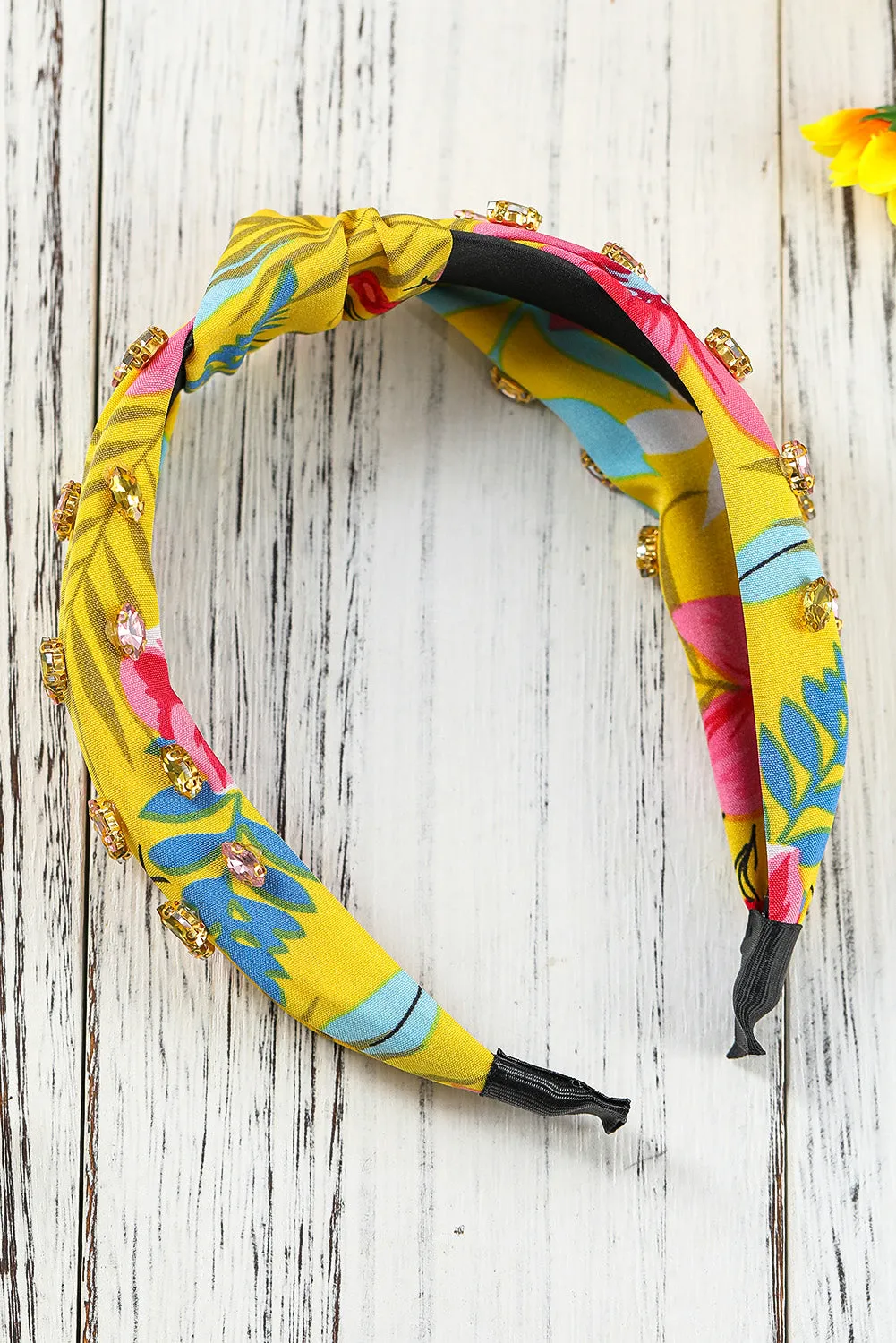 Yellow Rhinestone Floral Print Knotted Headband