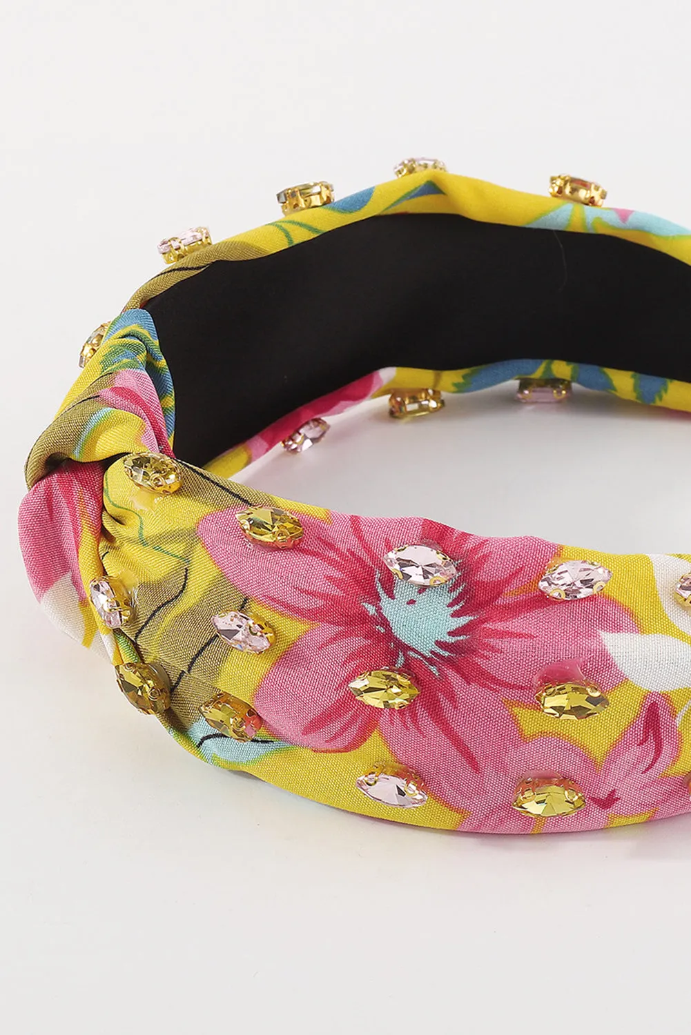 Yellow Rhinestone Floral Print Knotted Headband
