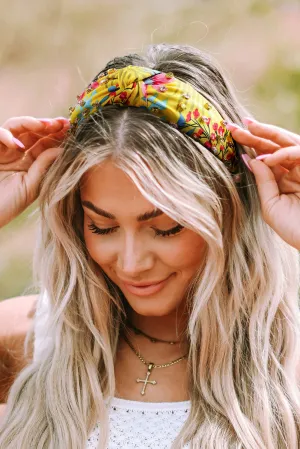 Yellow Rhinestone Floral Print Knotted Headband