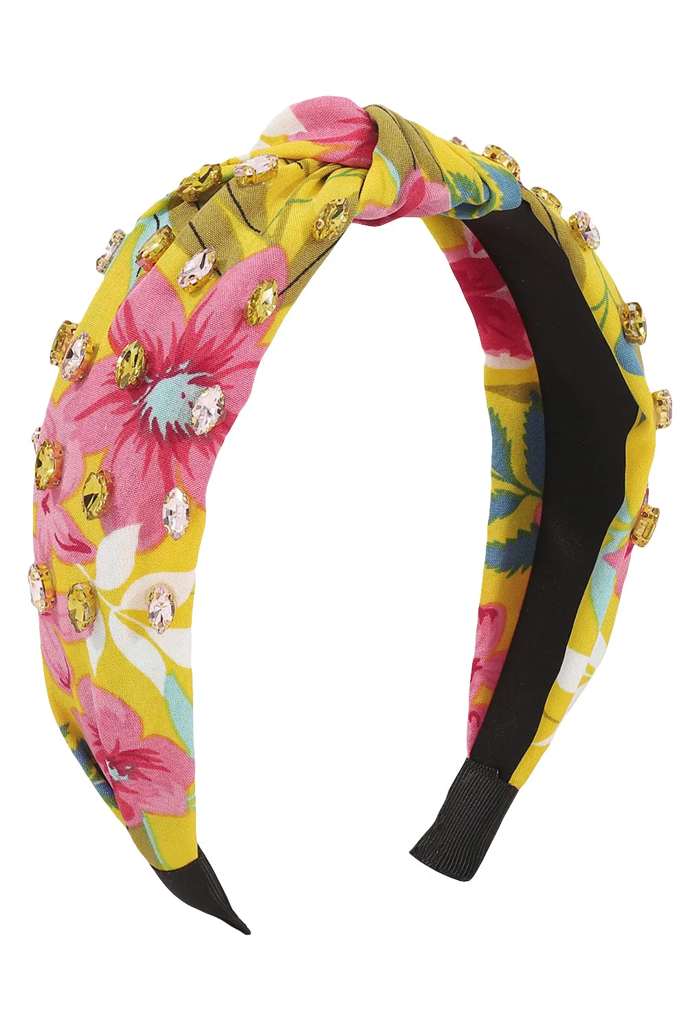 Yellow Rhinestone Floral Print Knotted Headband