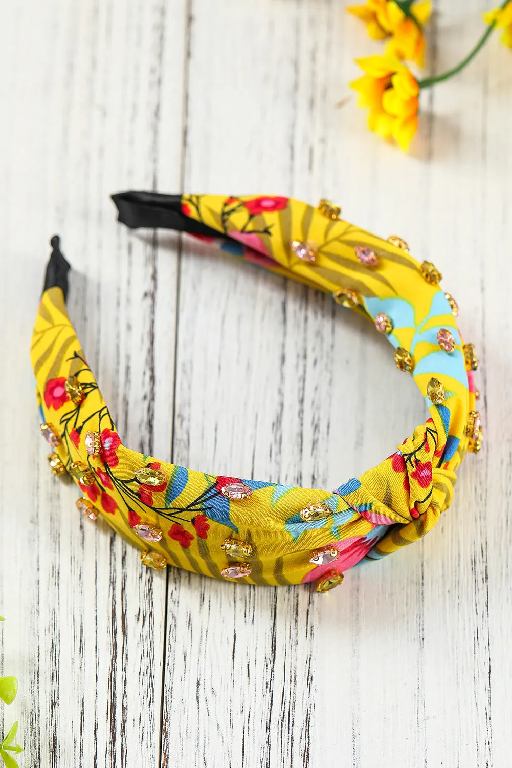 Yellow Rhinestone Floral Print Knotted Headband