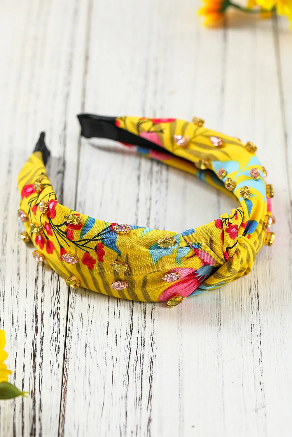 Yellow Rhinestone Floral Print Knotted Headband