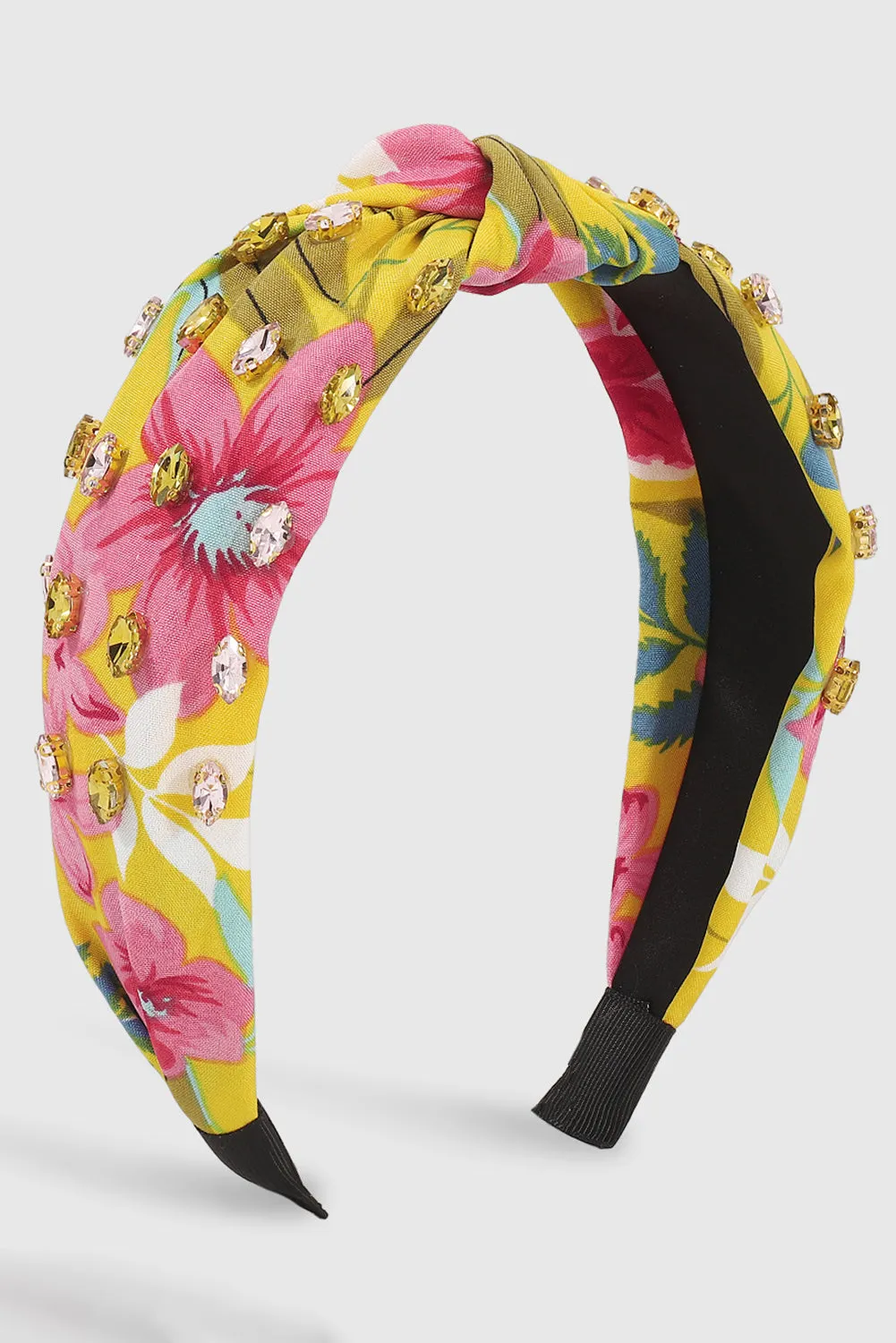Yellow Rhinestone Floral Print Knotted Headband