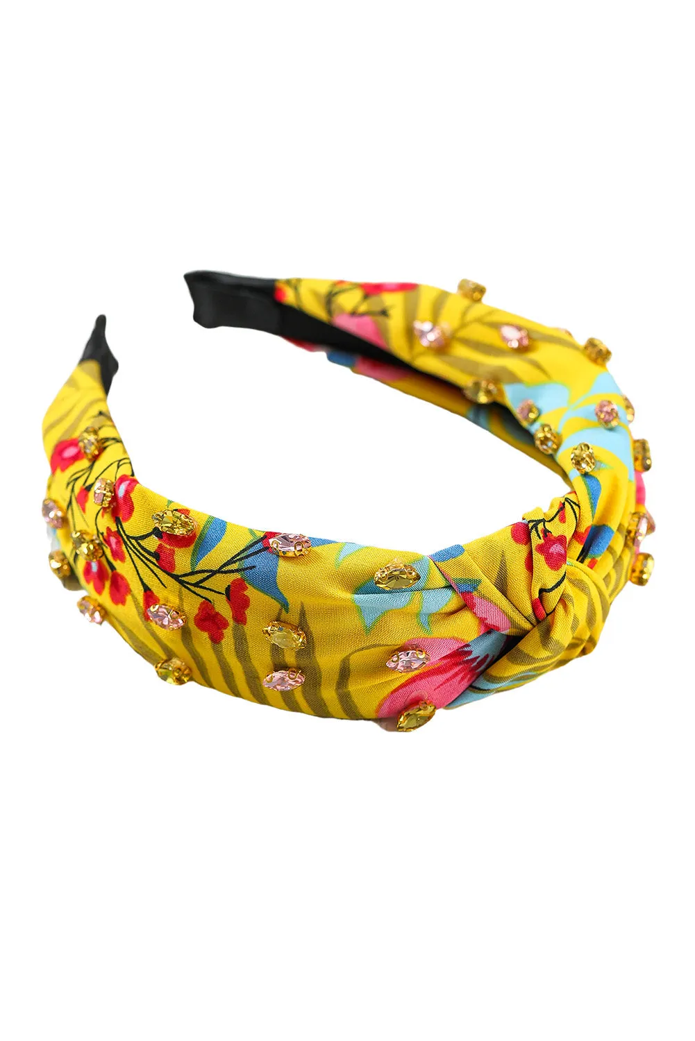 Yellow Rhinestone Floral Print Knotted Headband