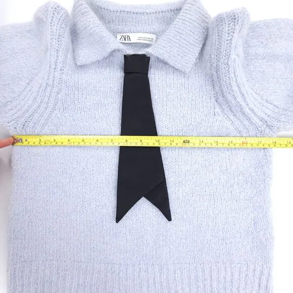 ZARA Alpaca Wool Balloon Sleeve NeckTie Pullover Sweater Preppy French Girl Blue