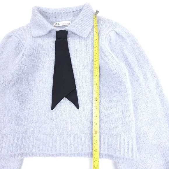ZARA Alpaca Wool Balloon Sleeve NeckTie Pullover Sweater Preppy French Girl Blue