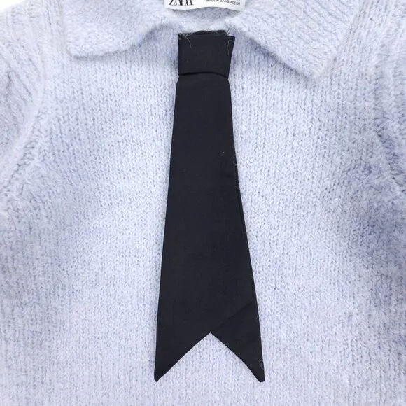 ZARA Alpaca Wool Balloon Sleeve NeckTie Pullover Sweater Preppy French Girl Blue