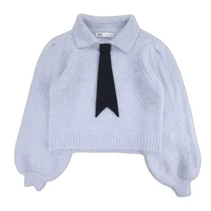 ZARA Alpaca Wool Balloon Sleeve NeckTie Pullover Sweater Preppy French Girl Blue