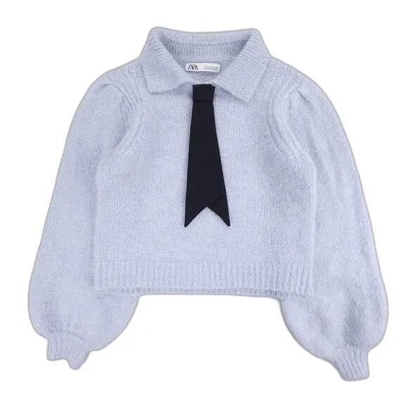 ZARA Alpaca Wool Balloon Sleeve NeckTie Pullover Sweater Preppy French Girl Blue